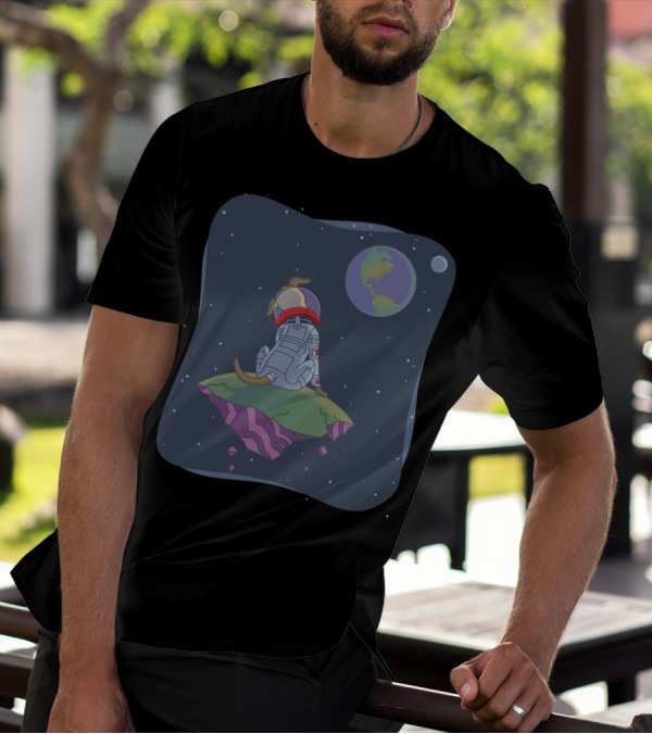 Lonely Cosmic Dog Guarding The Galaxy On Floating Asteroid With Earth View T-Shirt