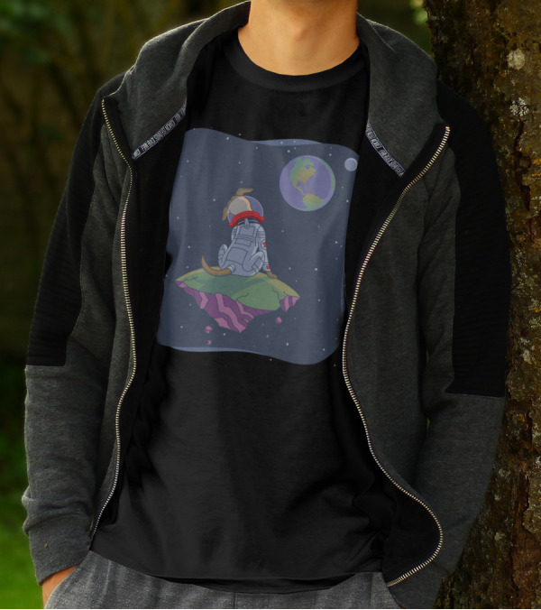 Lonely Cosmic Dog Guarding The Galaxy On Floating Asteroid With Earth View T-Shirt