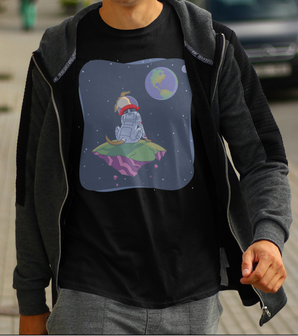 Lonely Cosmic Dog Guarding The Galaxy On Floating Asteroid With Earth View T-Shirt