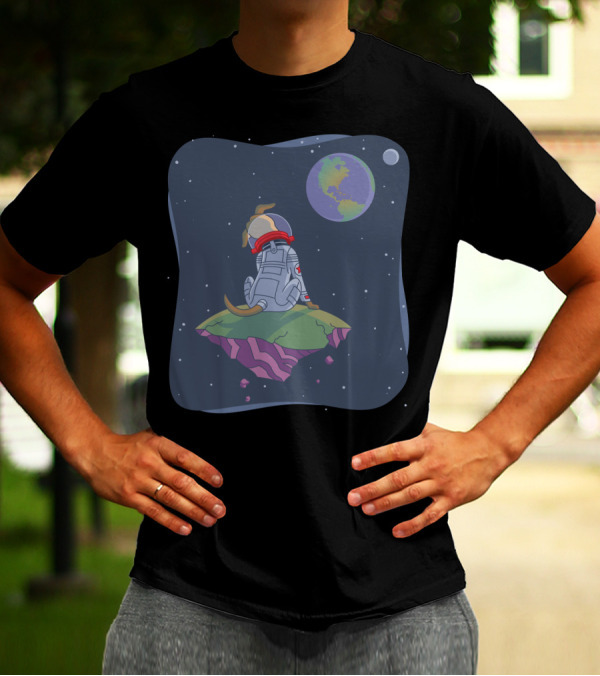 Lonely Cosmic Dog Guarding The Galaxy On Floating Asteroid With Earth View T-Shirt