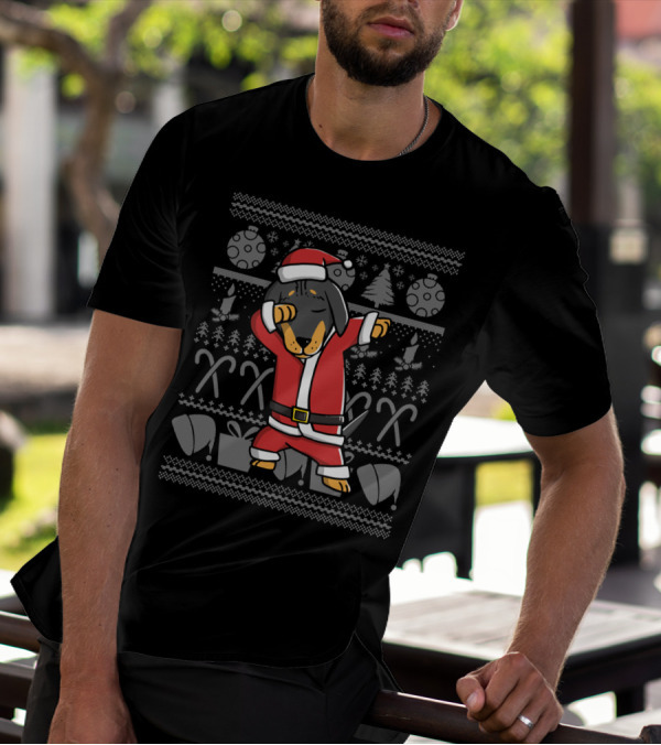 Santa Dachshund Dabbing Dance With Christmas Patterns And Candy Canes T-Shirt