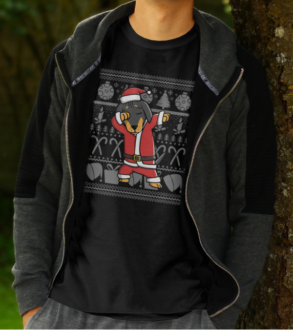 Santa Dachshund Dabbing Dance With Christmas Patterns And Candy Canes T-Shirt