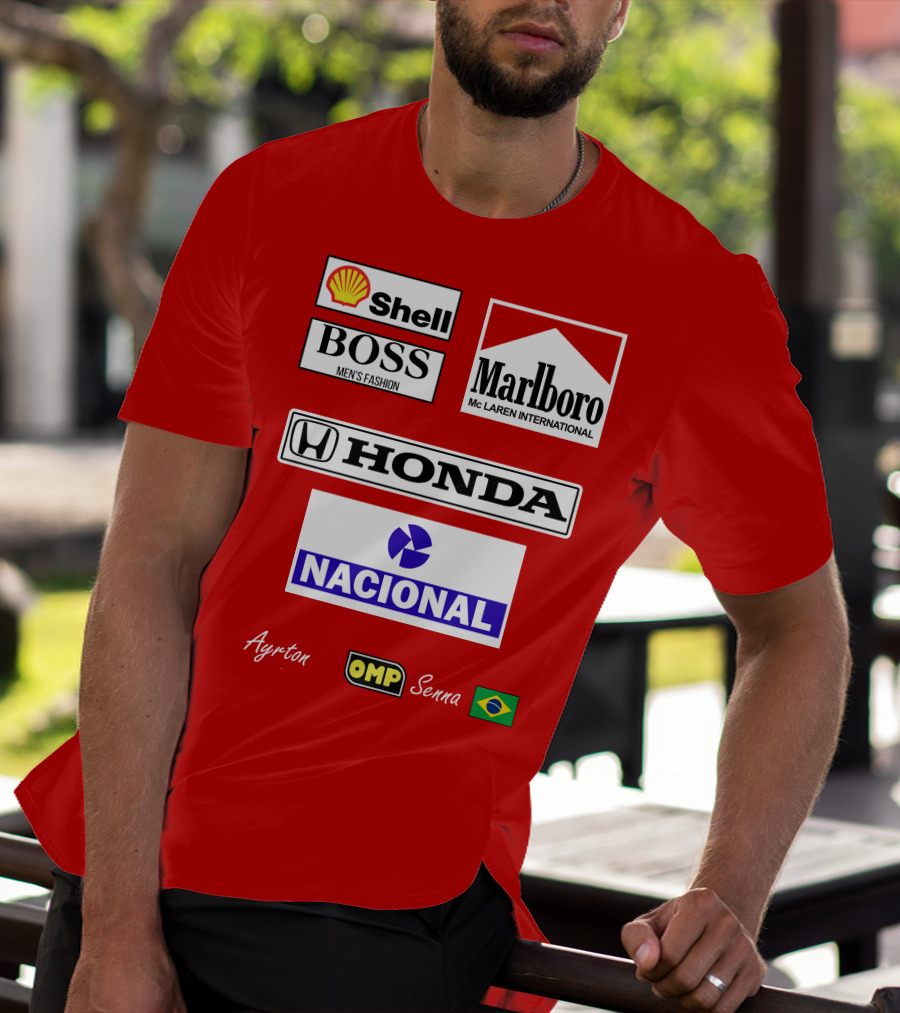 Shell Boss Marlboro McLaren Honda Nacional Ayrton Senna OMP Brazil Flag T-Shirt