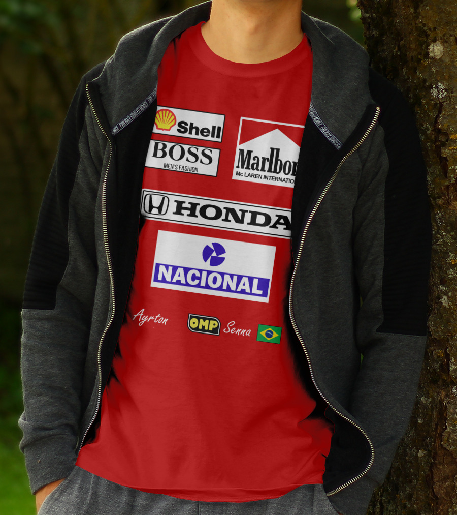 Shell Boss Marlboro McLaren Honda Nacional Ayrton Senna OMP Brazil Flag T-Shirt