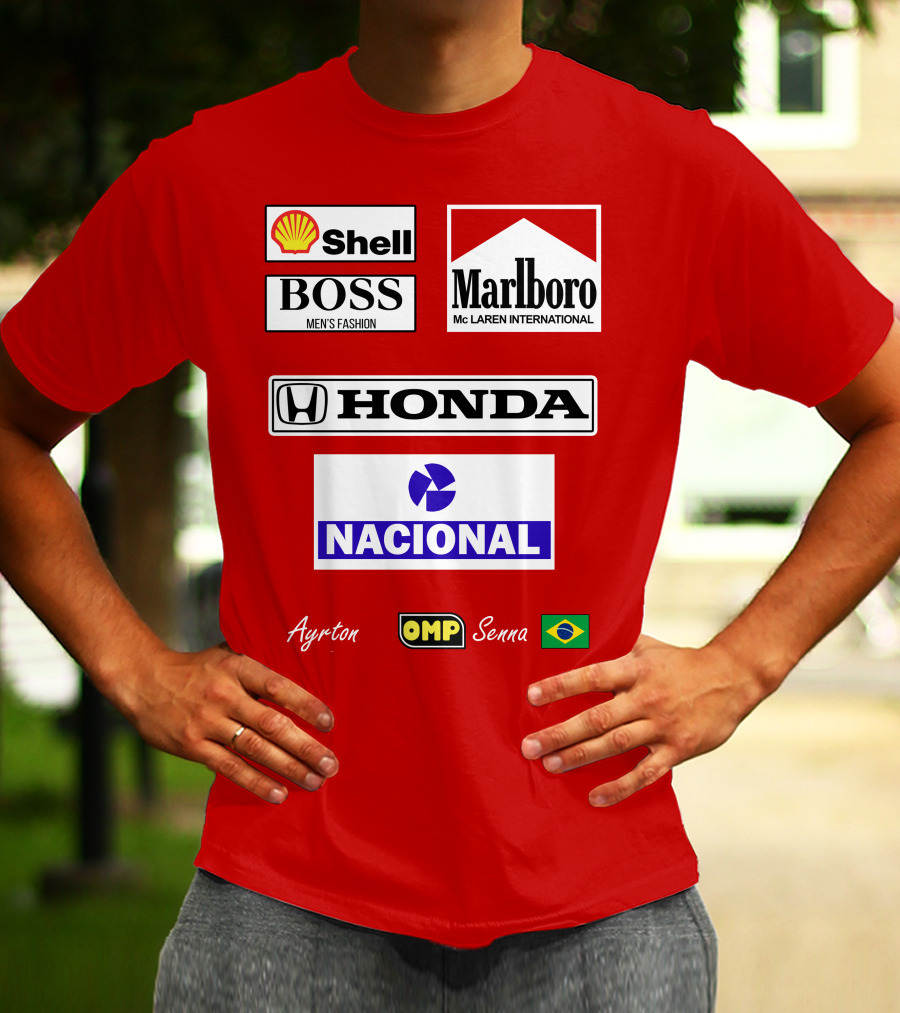 Shell Boss Marlboro McLaren Honda Nacional Ayrton Senna OMP Brazil Flag T-Shirt