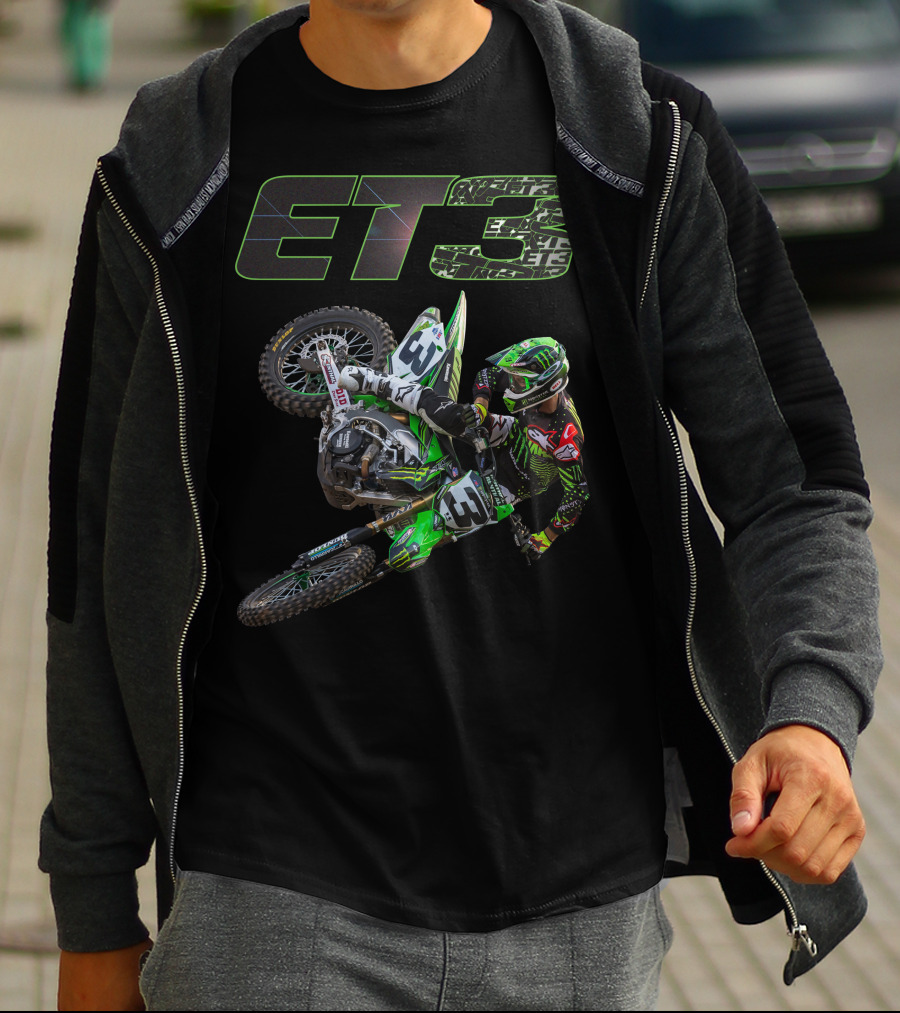 ET3 Motor Cross Rider In Action With Green Racing Gear T-Shirt