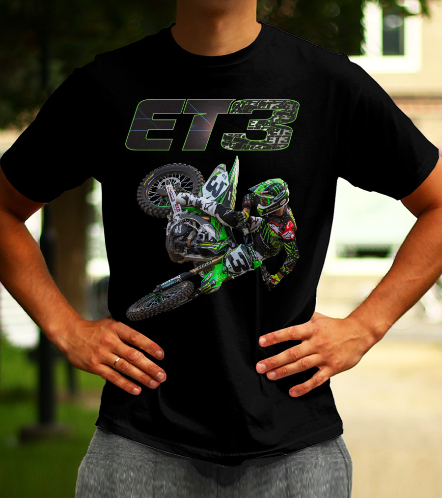 ET3 Motor Cross Rider In Action With Green Racing Gear T-Shirt