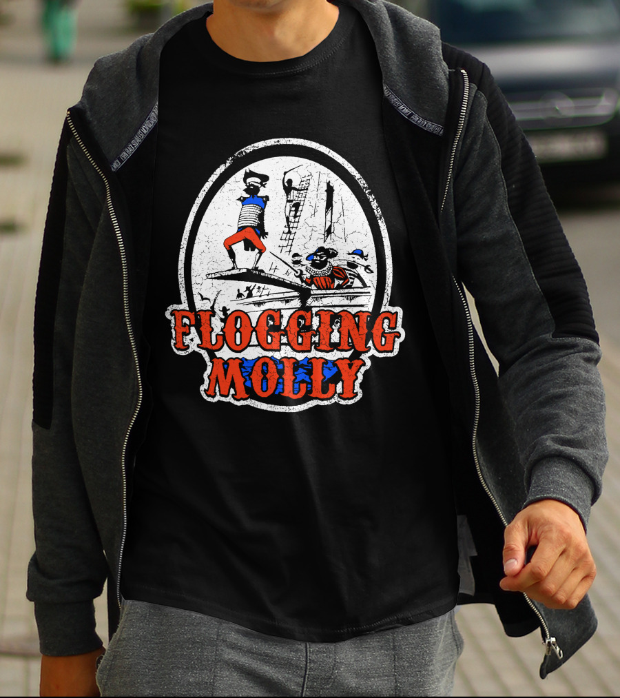 FLOGGING MOLLY Walk The Plank Pirate 7 Distressed Red And Blue T-Shirt