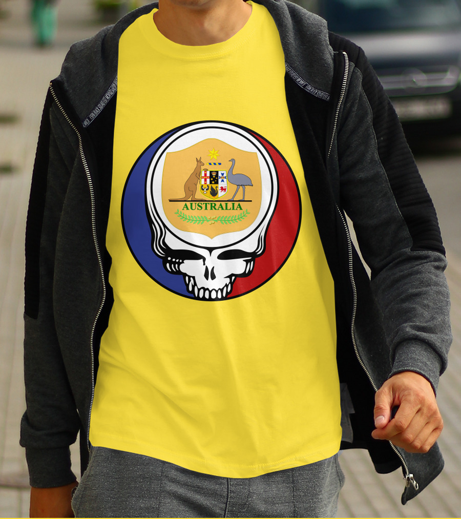 Australia National Football Team Grateful Dead Skull Emblem With Kangaroo And Emu Crest T-Shirt