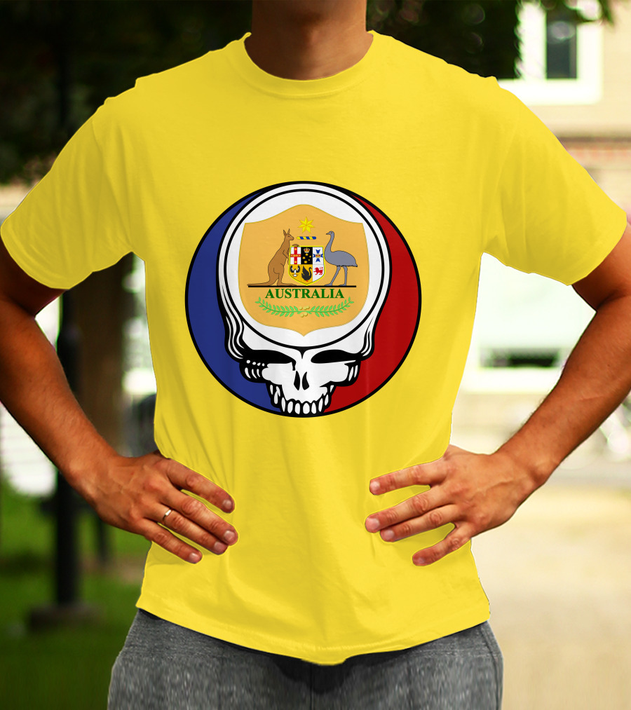 Australia National Football Team Grateful Dead Skull Emblem With Kangaroo And Emu Crest T-Shirt