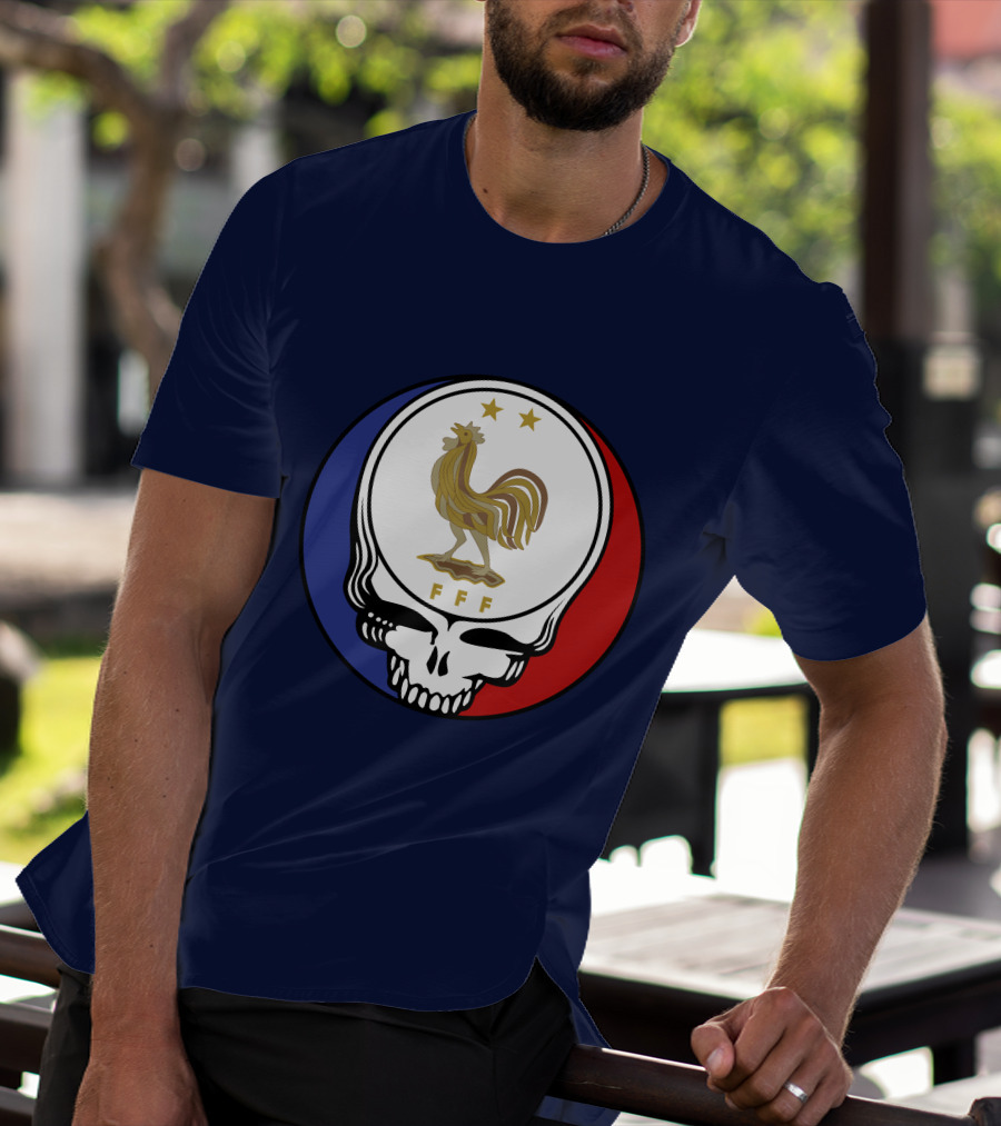 Equipe De France De Football Grateful Dead FFF Rooster Skull Red White Blue T-Shirt