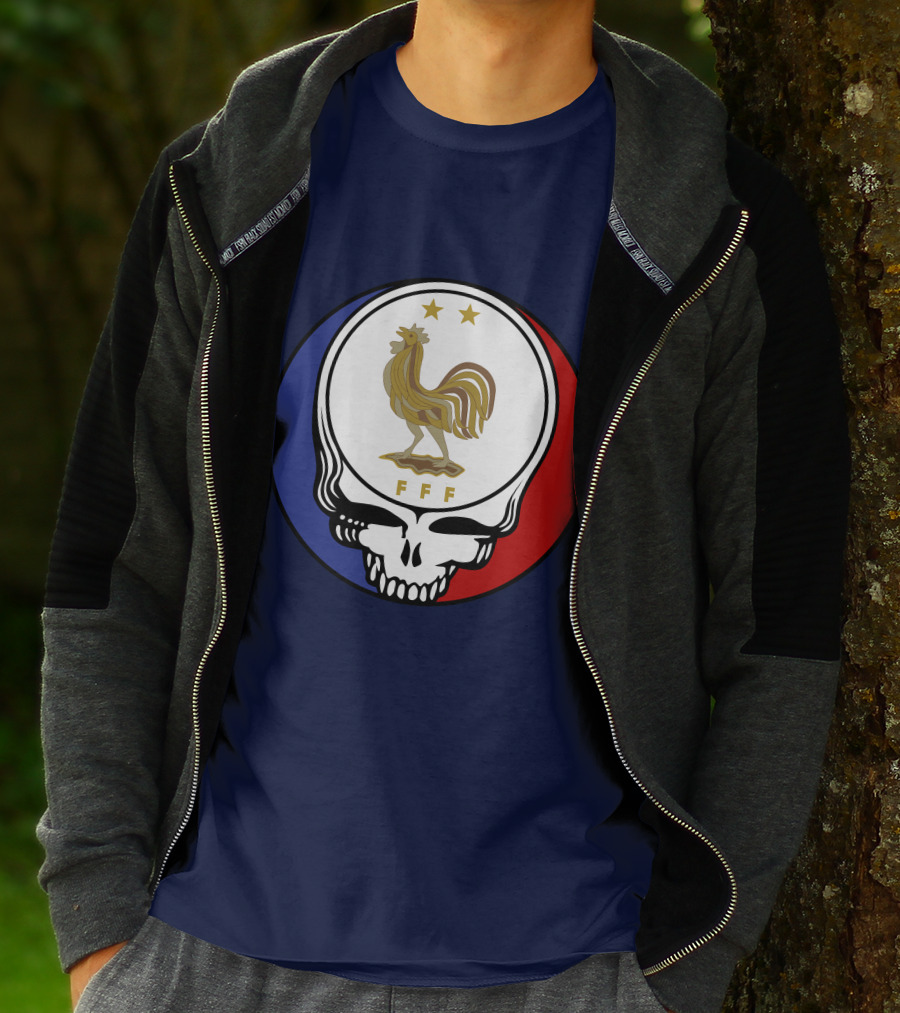 Equipe De France De Football Grateful Dead FFF Rooster Skull Red White Blue T-Shirt