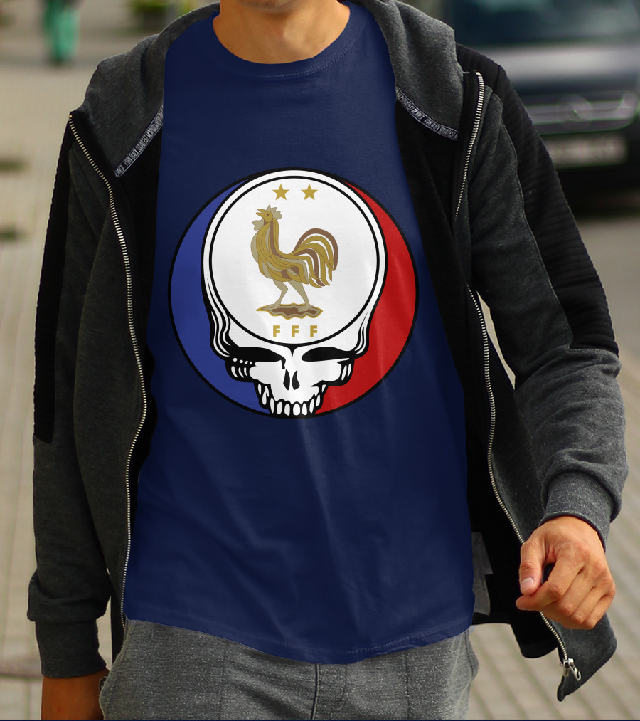 Equipe De France De Football Grateful Dead FFF Rooster Skull Red White Blue T-Shirt