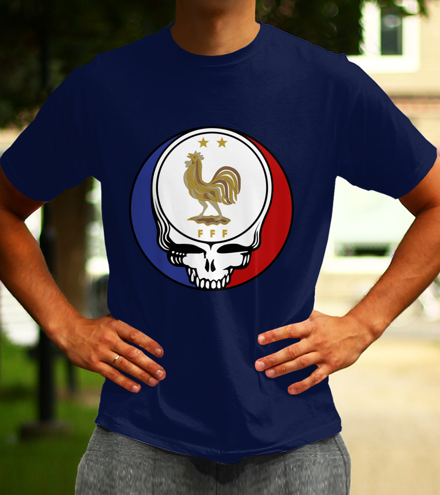 Equipe De France De Football Grateful Dead FFF Rooster Skull Red White Blue T-Shirt