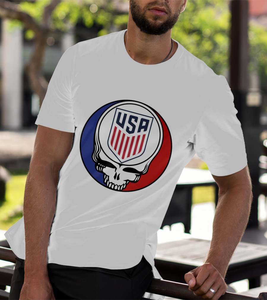 USA Soccer Grateful Dead Skull Logo Red Blue Badge T-Shirt