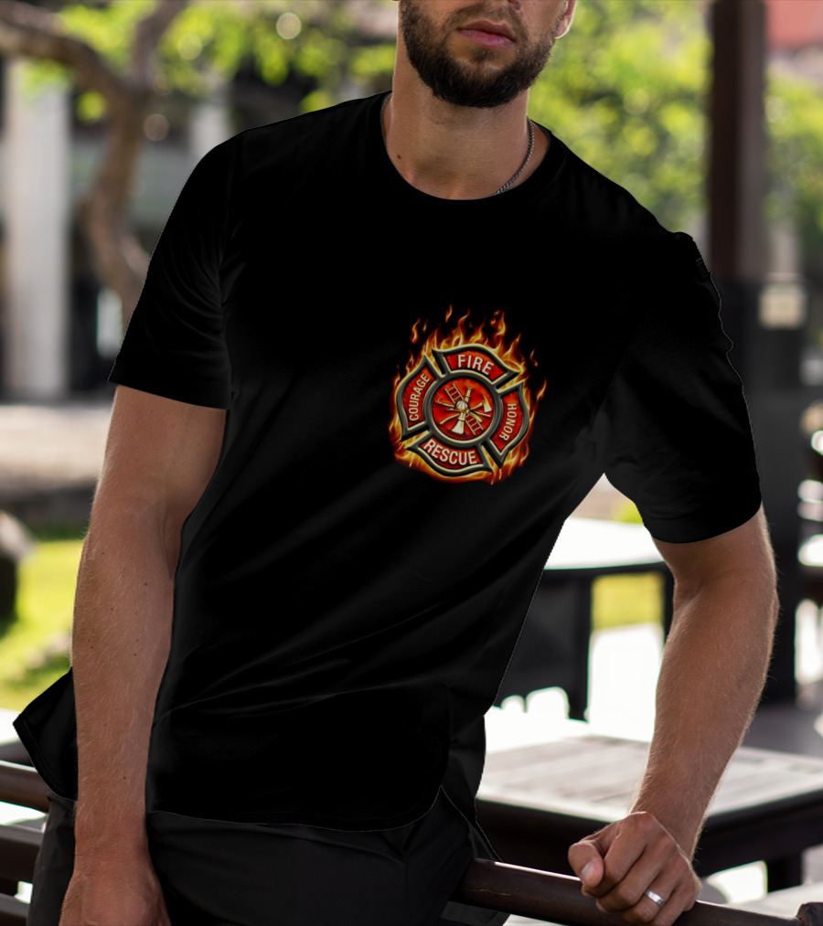 FIREFIGHTER AMERICAN MADE COURAGE HONOR FIRE RESCUE FLAME EMBLEM T-Shirt