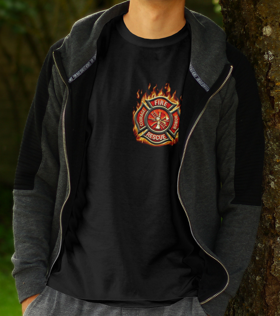 FIREFIGHTER AMERICAN MADE COURAGE HONOR FIRE RESCUE FLAME EMBLEM T-Shirt