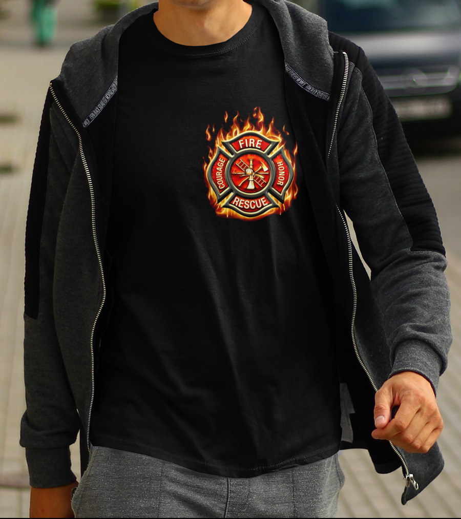 FIREFIGHTER AMERICAN MADE COURAGE HONOR FIRE RESCUE FLAME EMBLEM T-Shirt
