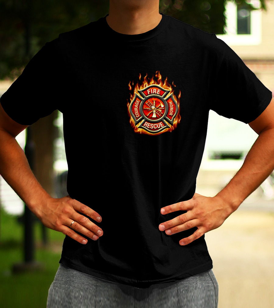 FIREFIGHTER AMERICAN MADE COURAGE HONOR FIRE RESCUE FLAME EMBLEM T-Shirt