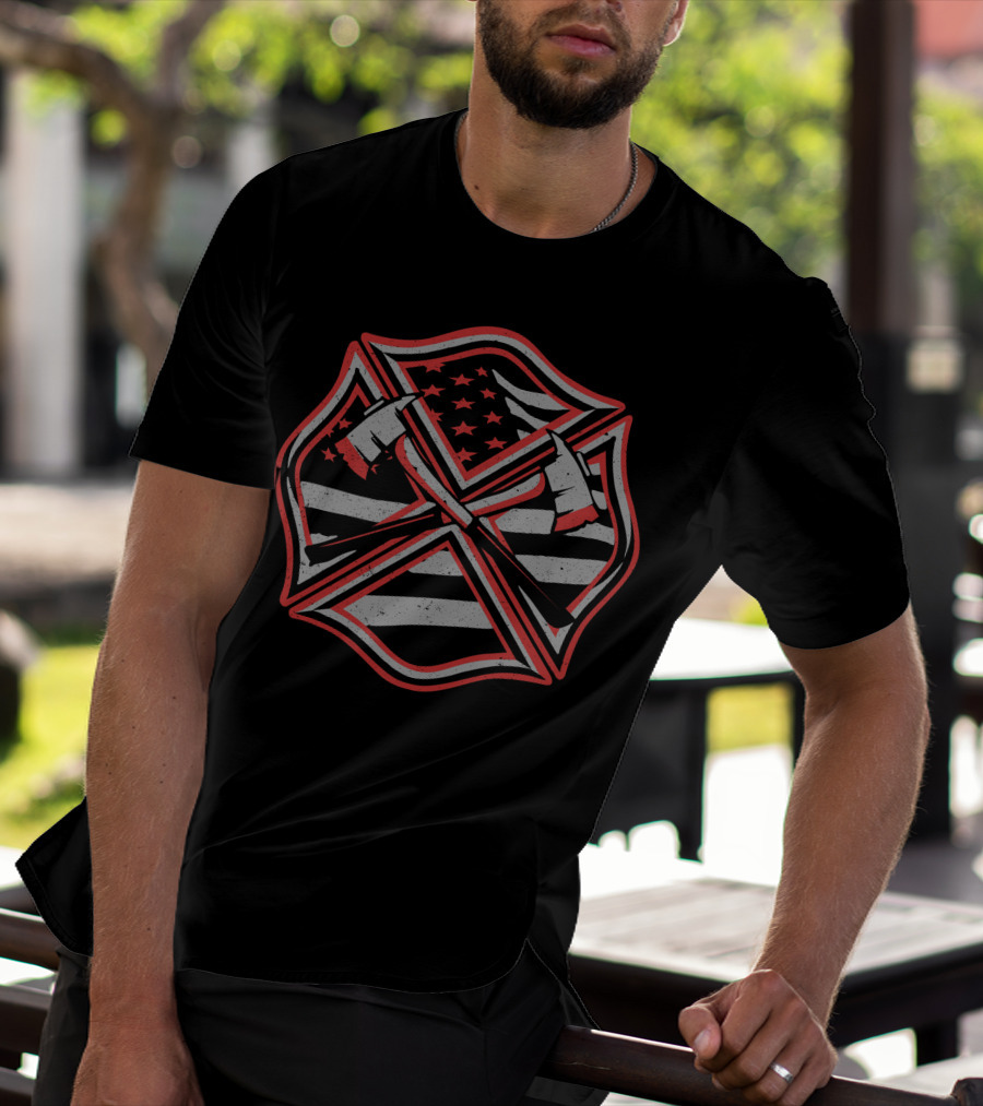 Red Thin Line Firefighter American Flag Maltese Cross T-Shirt