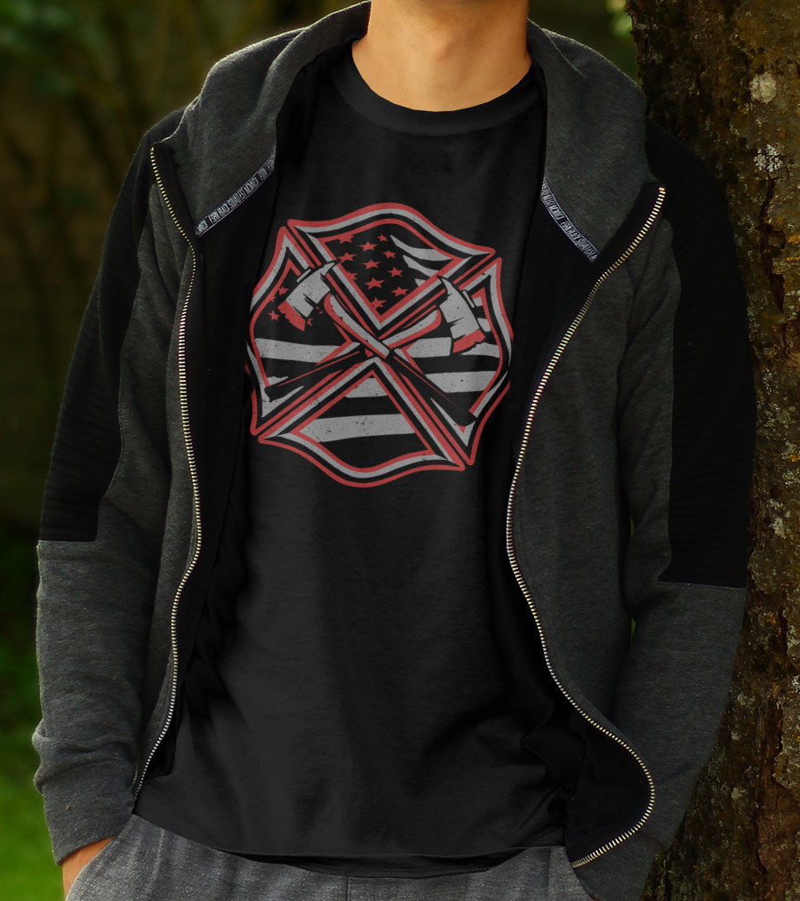 Red Thin Line Firefighter American Flag Maltese Cross T-Shirt