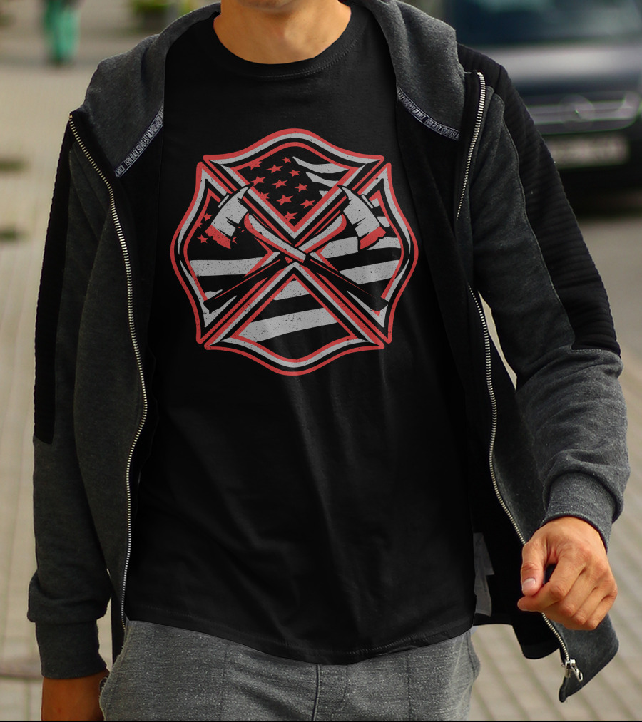 Red Thin Line Firefighter American Flag Maltese Cross T-Shirt
