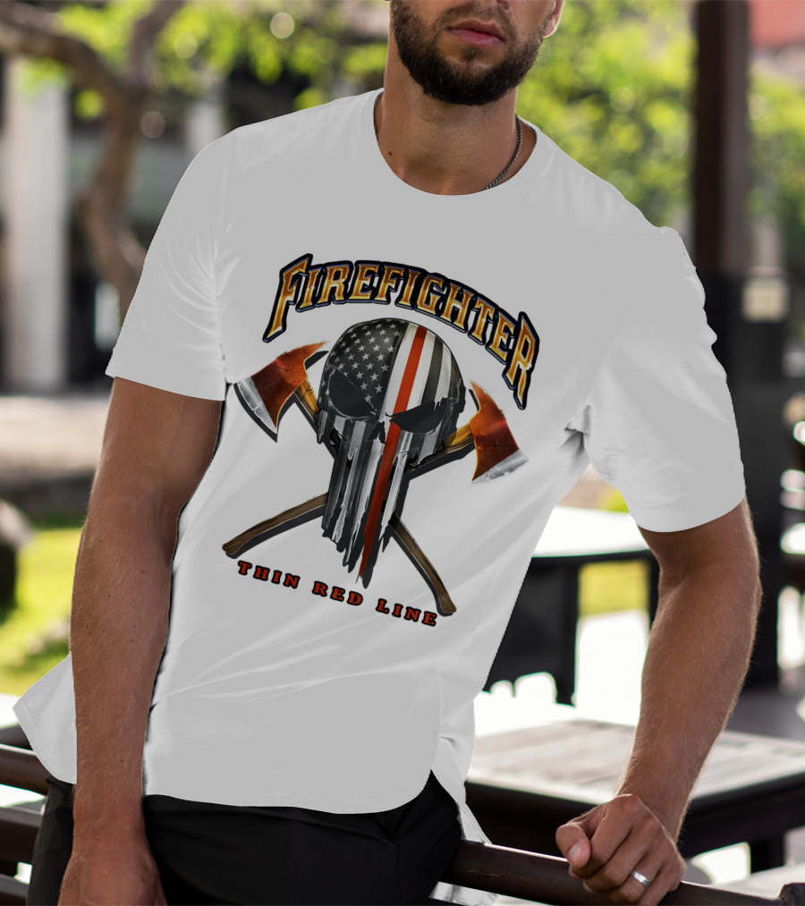 FIREFIGHTER THIN RED LINE PUNISHER SKULL AMERICAN FLAG CROSSED AXES T-Shirt