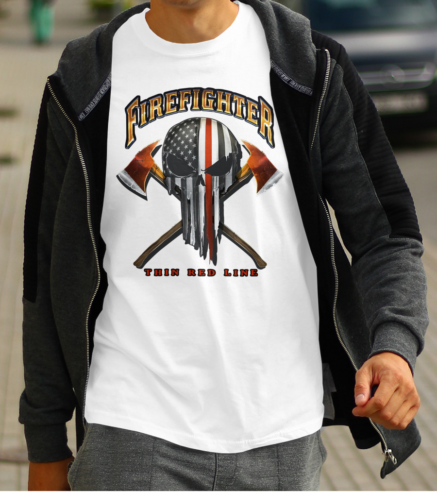 FIREFIGHTER THIN RED LINE PUNISHER SKULL AMERICAN FLAG CROSSED AXES T-Shirt