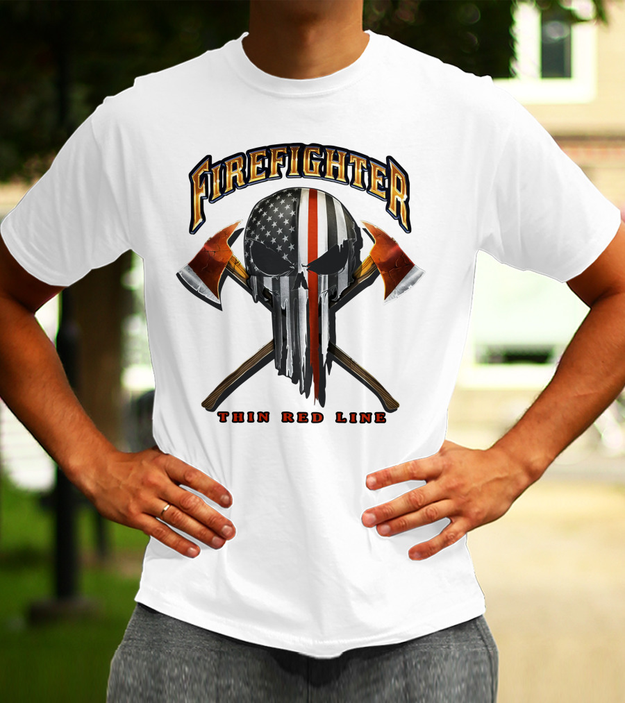 FIREFIGHTER THIN RED LINE PUNISHER SKULL AMERICAN FLAG CROSSED AXES T-Shirt