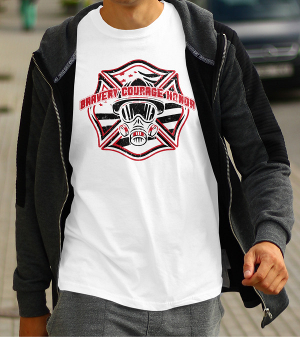 BRAVERY COURAGE HONOR Firefighter Gas Mask Badge T-Shirt