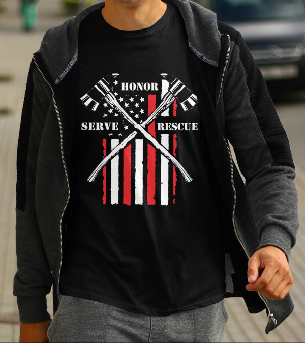 HONOR SERVE RESCUE FIREFIGHTER AXES AND RED STRIPES BACKGROUND T-Shirt