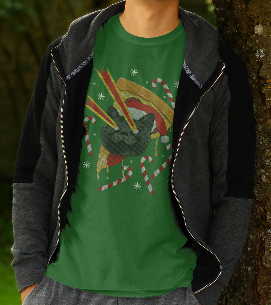 Drax Christmas Jumpers Cat Laser Eyes Christmas Pizza Candy Canes T-Shirt