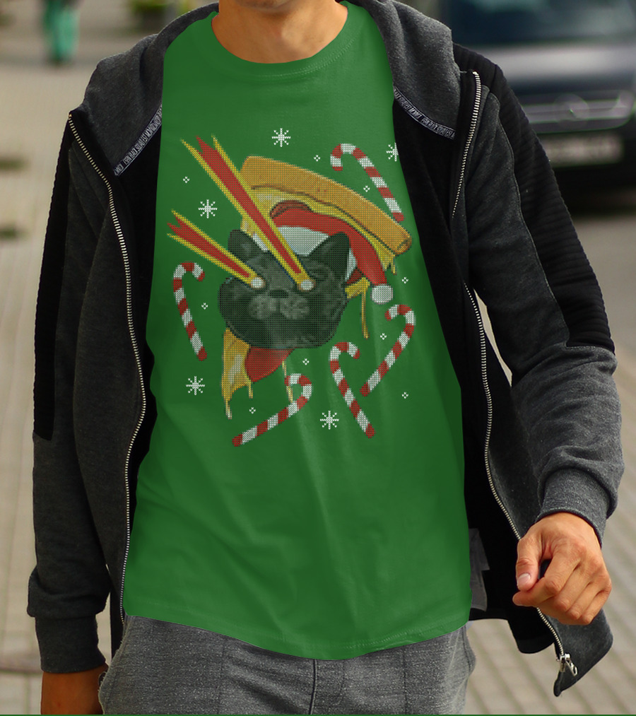 Drax Christmas Jumpers Cat Laser Eyes Christmas Pizza Candy Canes T-Shirt