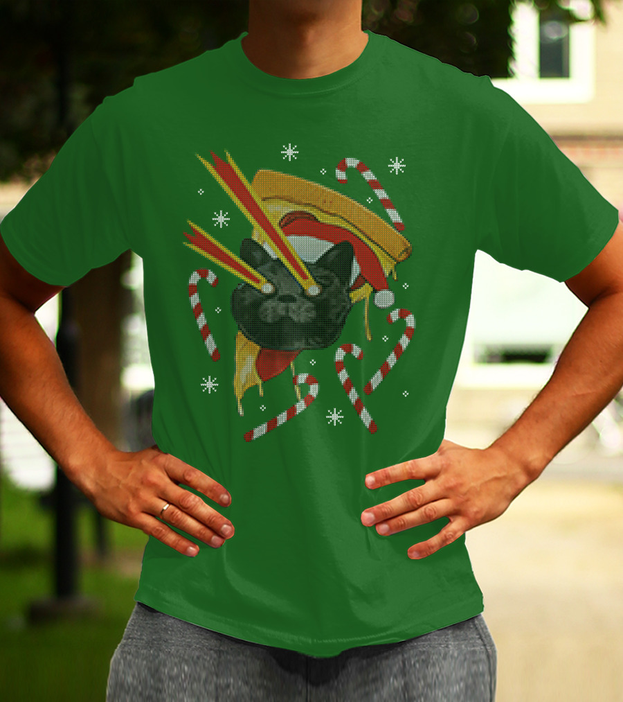 Drax Christmas Jumpers Cat Laser Eyes Christmas Pizza Candy Canes T-Shirt