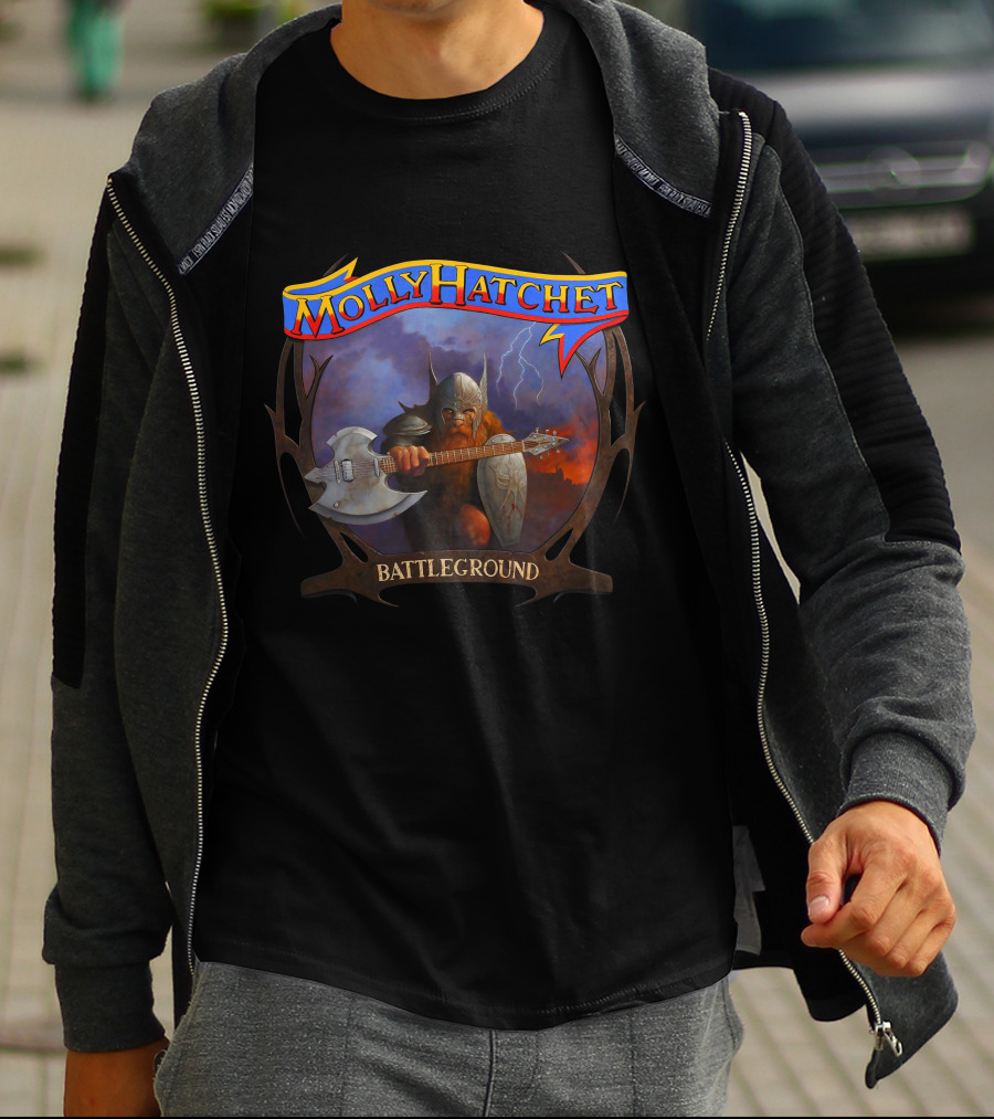 Molly Hatchet Battleground Viking Warrior With Axe Guitar And Shield T-Shirt
