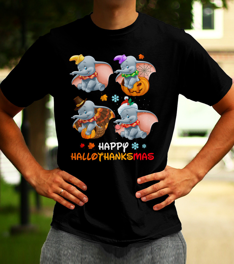 Happy Hallothanksmas With Dumbo In Halloween Thanksgiving Christmas Themes T-Shirt