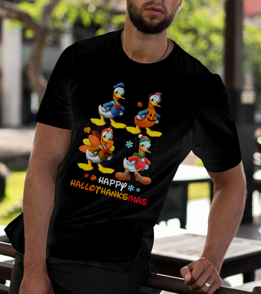 Happy Hallothanksmas Donald Duck Characters Halloween Thanksgiving Christmas T-Shirt
