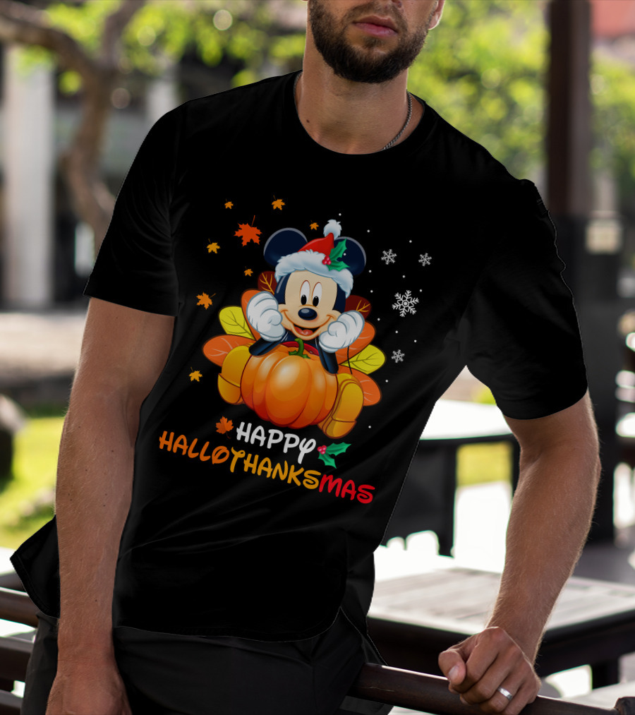 Happy Hallothanksmas Mickey Pumpkin Festive Leaves Snowflakes T-Shirt