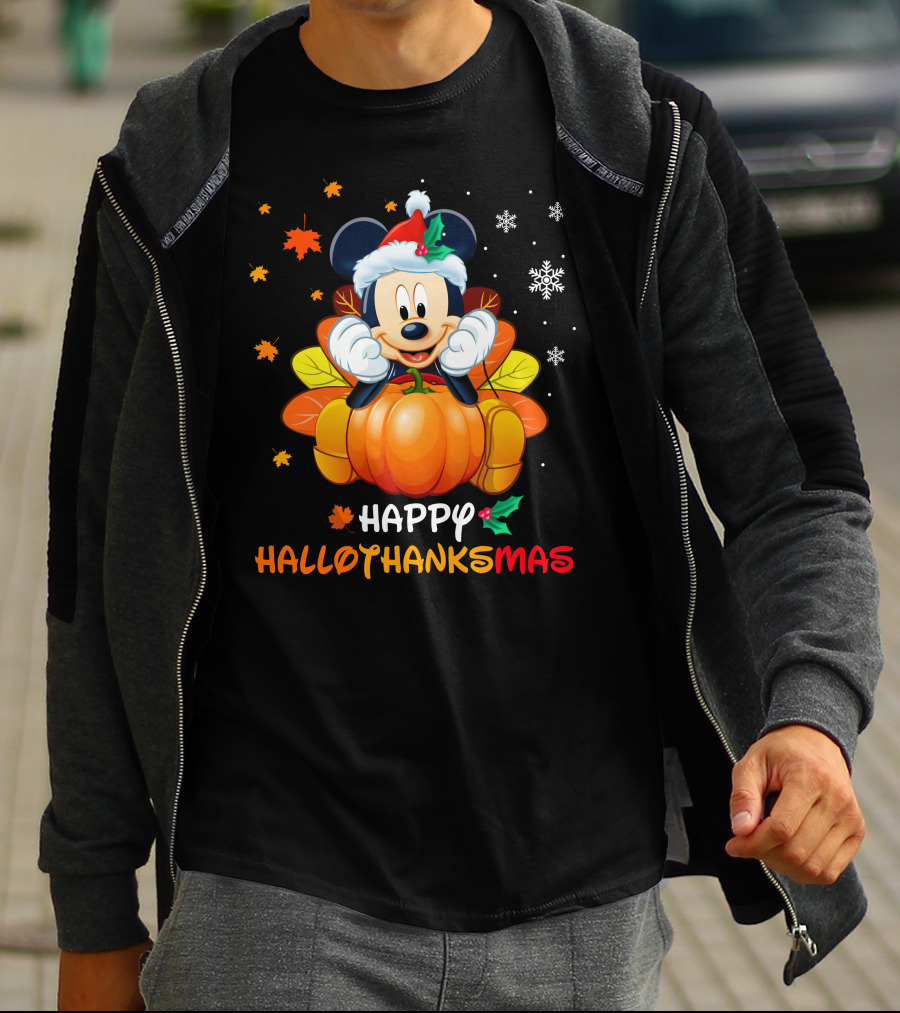 Happy Hallothanksmas Mickey Pumpkin Festive Leaves Snowflakes T-Shirt