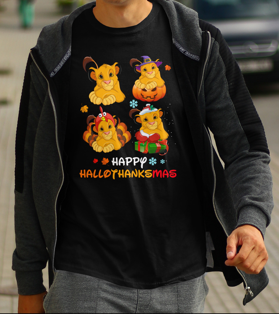 Happy Hallothanksmas Simba Lion Pumpkin Turkey Santa Hat Snowflakes T-Shirt