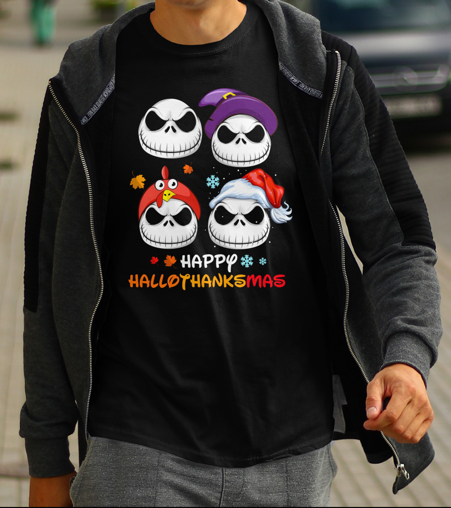 Happy HALLOTHANKSMAS Jack Skellington Faces With Witch Hat Turkey Hat Santa Hat Leaves Snowflakes T-Shirt