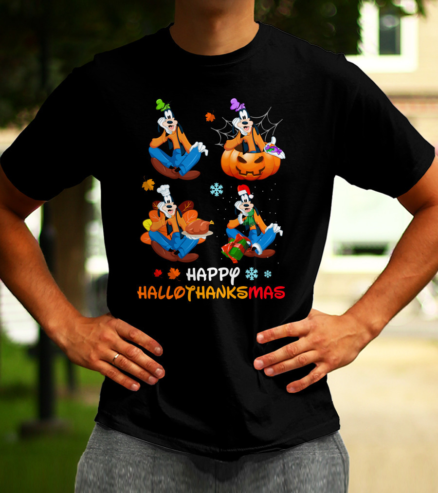 HAPPY HALLOTHANKSMAS Goofy Halloween Thanksgiving Christmas Festive Cartoon Characters T-Shirt
