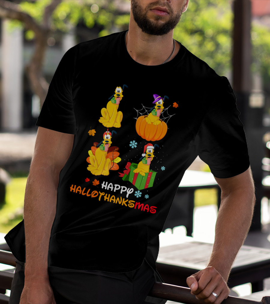Happy HALLOTHANKSMAS Pluto In Halloween Pumpkin Thanksgiving Leaves Christmas Present Snowflakes T-Shirt