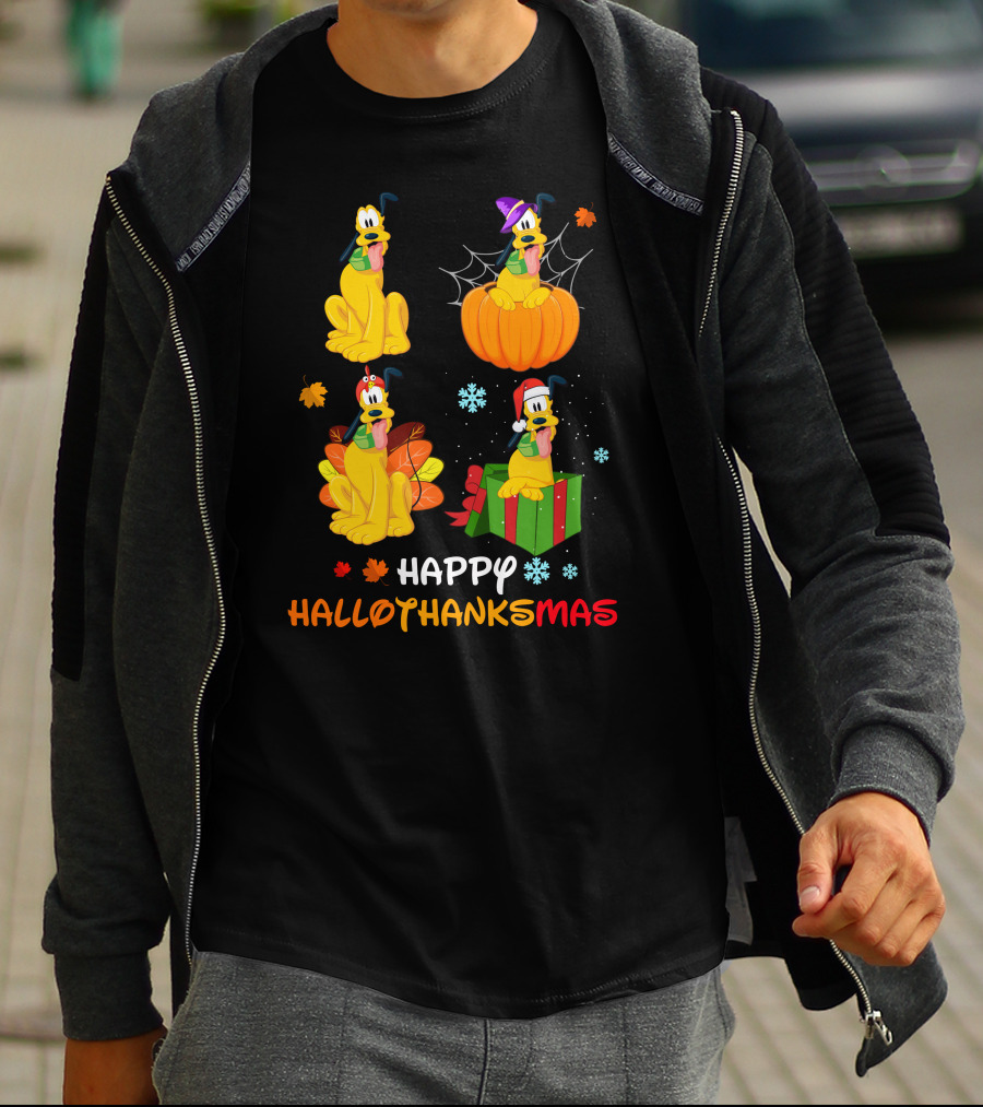 Happy HALLOTHANKSMAS Pluto In Halloween Pumpkin Thanksgiving Leaves Christmas Present Snowflakes T-Shirt