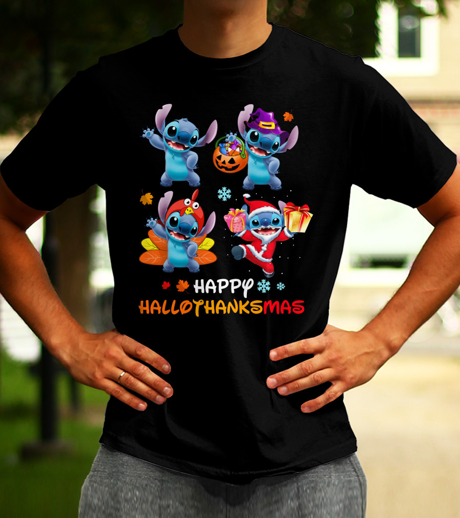 Happy HALLOTHANKSMAS Stitch In Halloween Thanksgiving Christmas Styles T-Shirt