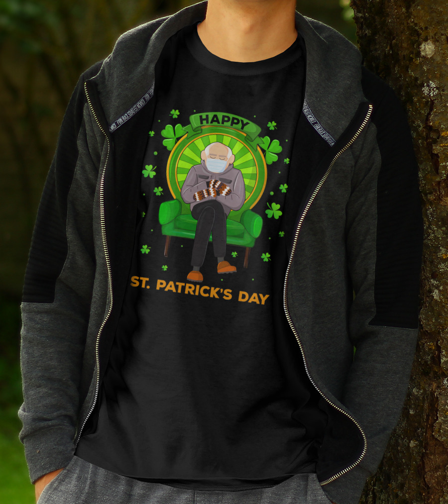 Happy St. Patrick's Day Masked Sitting Man With Mittens Surrounded By Clovers T-Shirt