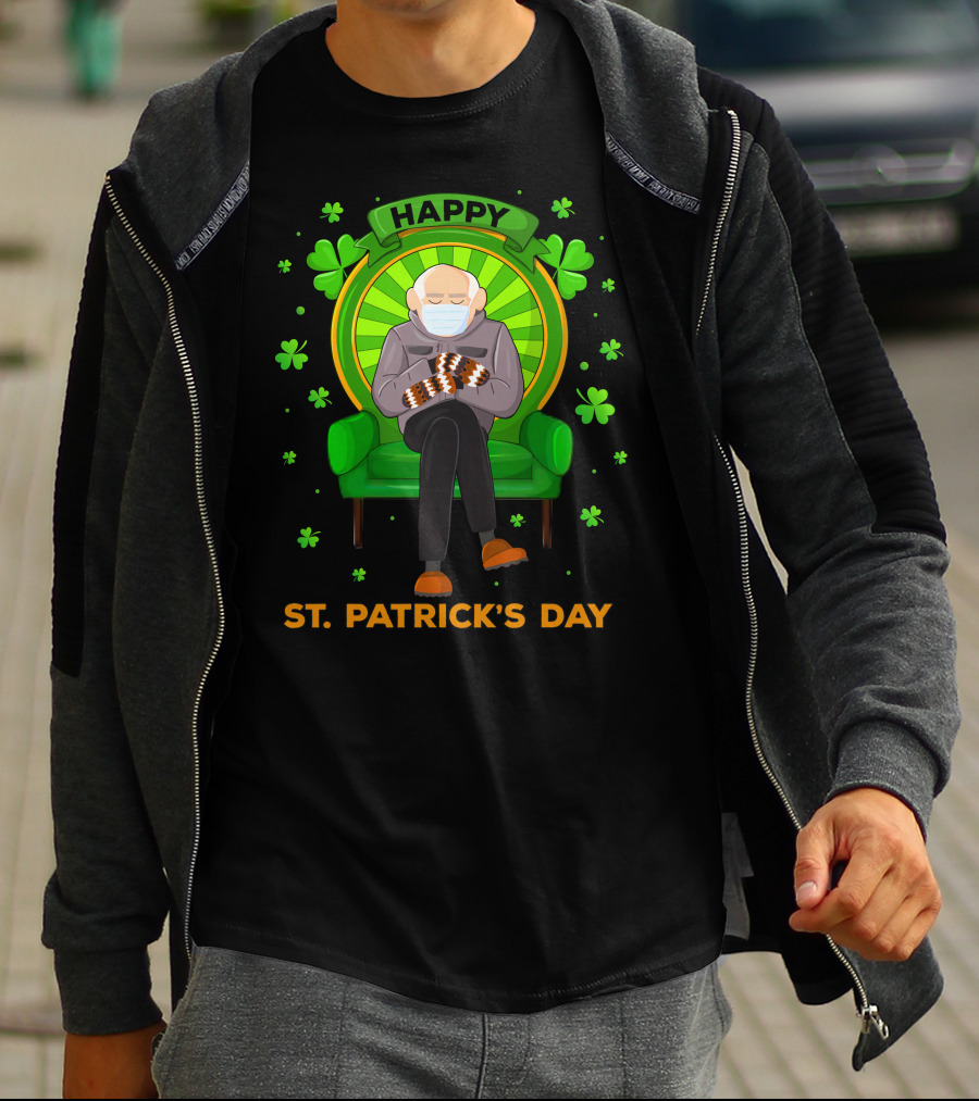Happy St. Patrick's Day Masked Sitting Man With Mittens Surrounded By Clovers T-Shirt