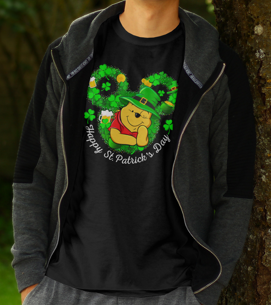 Happy St. Patrick's Day Pooh Shamrocks And Green Hat T-Shirt