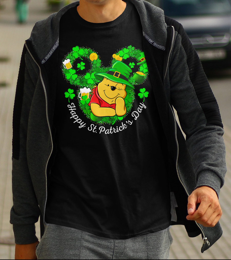 Happy St. Patrick's Day Pooh Shamrocks And Green Hat T-Shirt