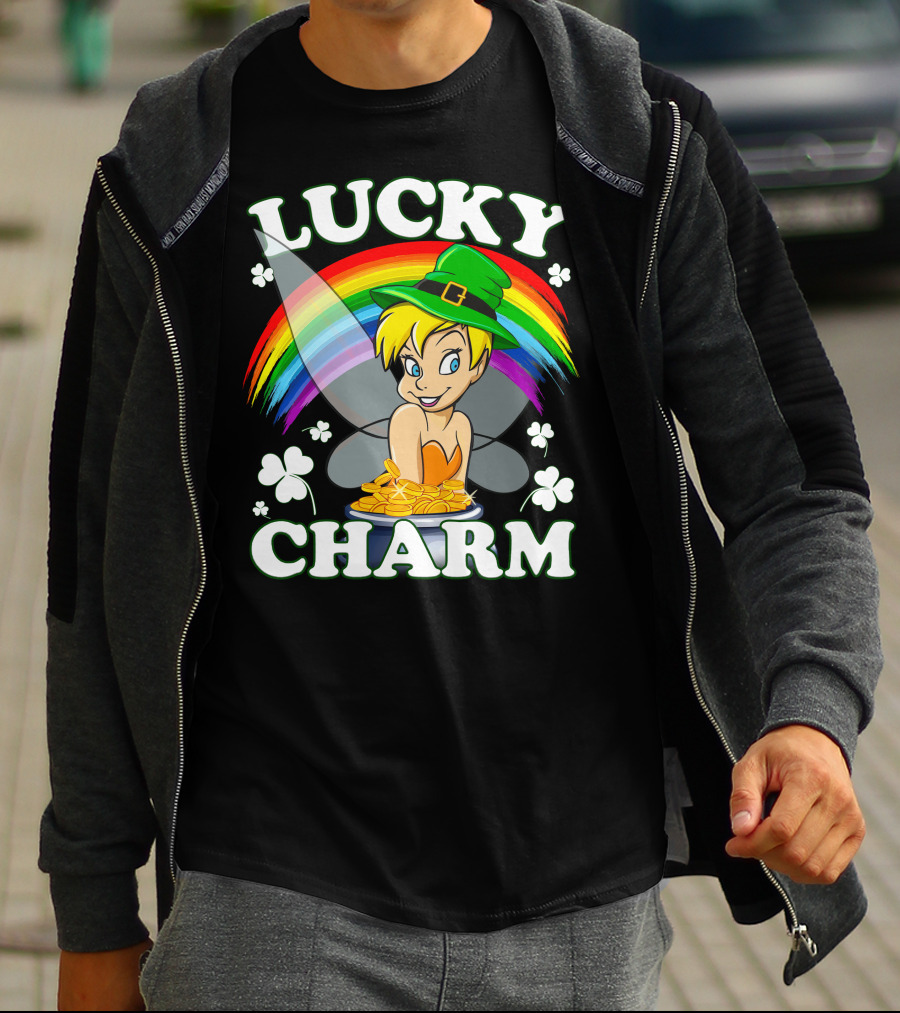 Lucky Charm Tinker Bell Rainbow And Shamrocks T-Shirt